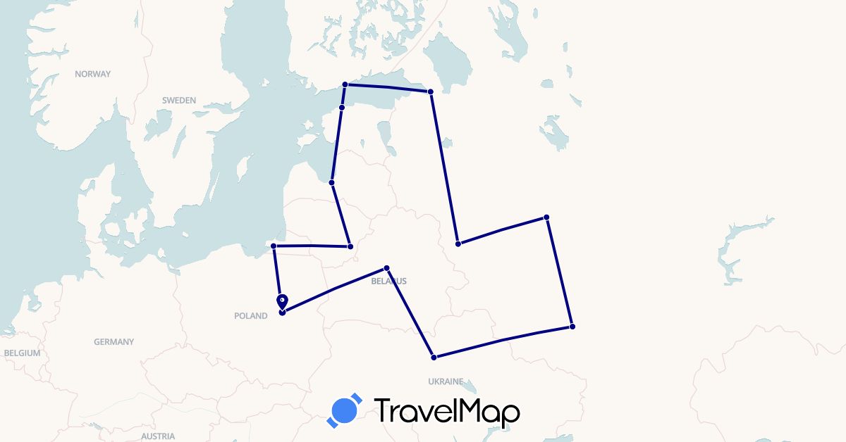 TravelMap itinerary: driving in Belarus, Estonia, Finland, Lithuania, Latvia, Poland, Russia, Ukraine (Europe)